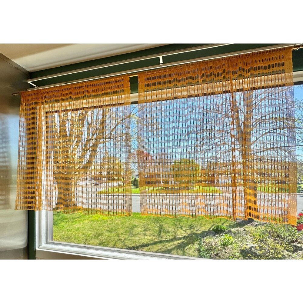 Vintage 70s yellow curtains, soft mesh, funky open weave geometric, pair panels